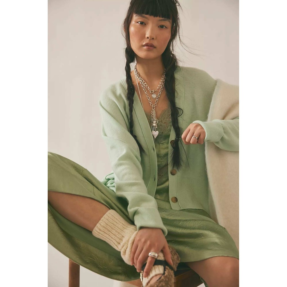 Free People Cashmere Green Tea Cardigan Size XL Eclair Oversized NWT V Neck